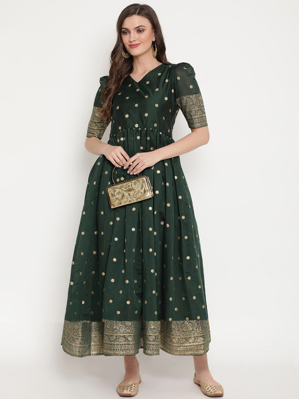 Ahalyaa Women Green Print Work Chanderi Silk Anarkali Kurta