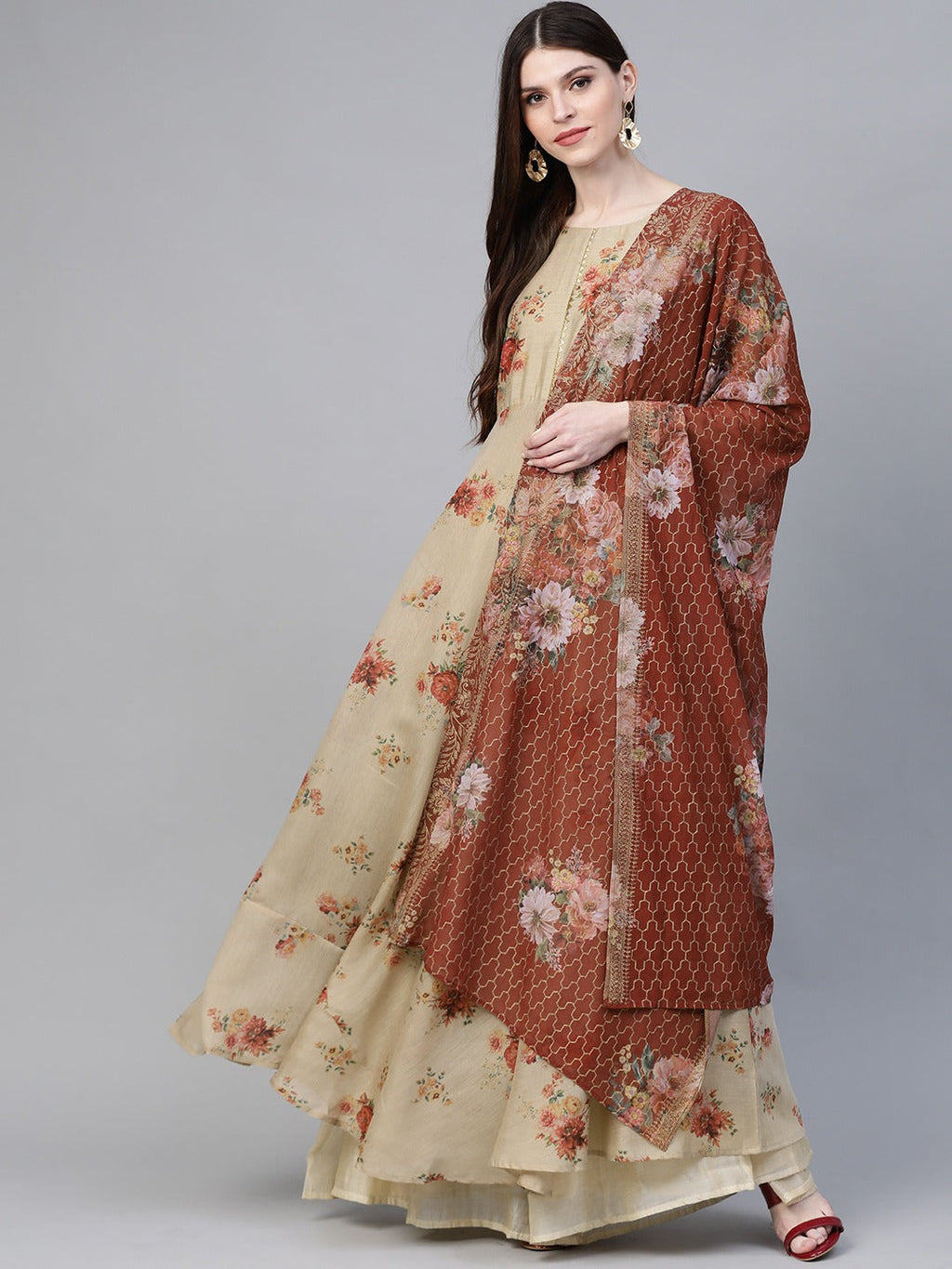 Ahalyaa Women Beige & Red Floral Printed Anarkali Kurta with Dupatta