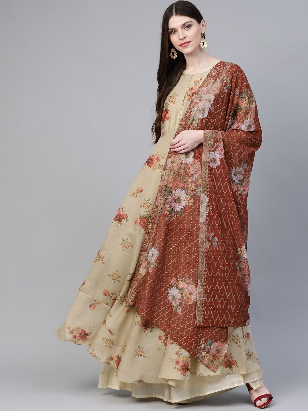 Ahalyaa Women Beige & Red Floral Printed Anarkali Kurta with Dupatta