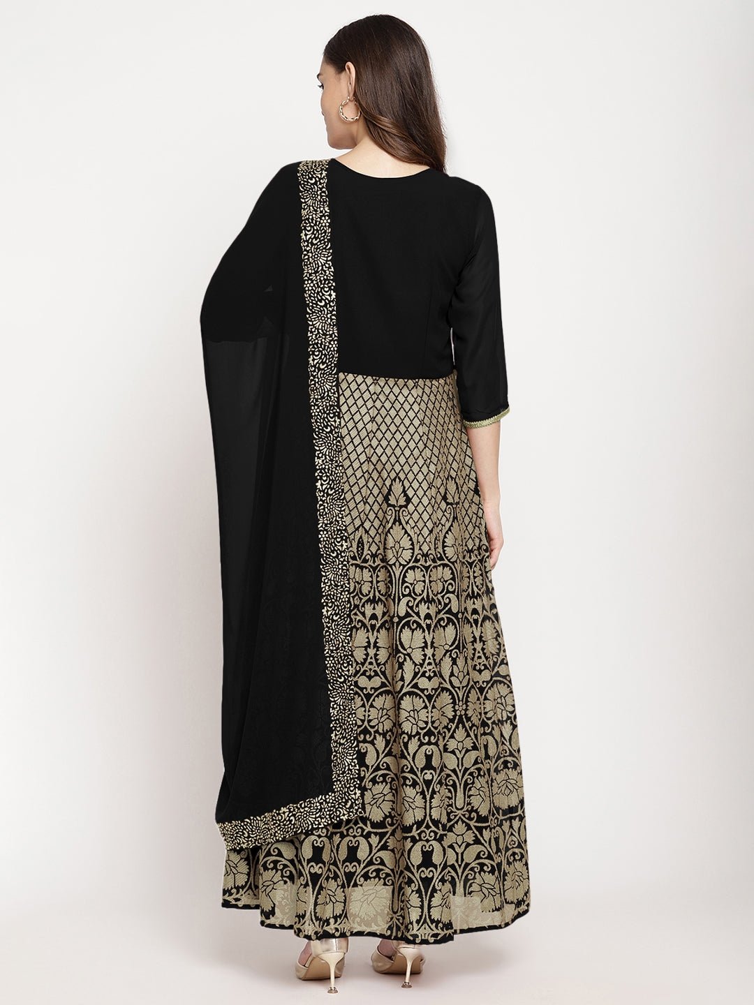 Ahalyaa Women's Black Georgette Gold Foil Print Flared Kurta with Dupatta