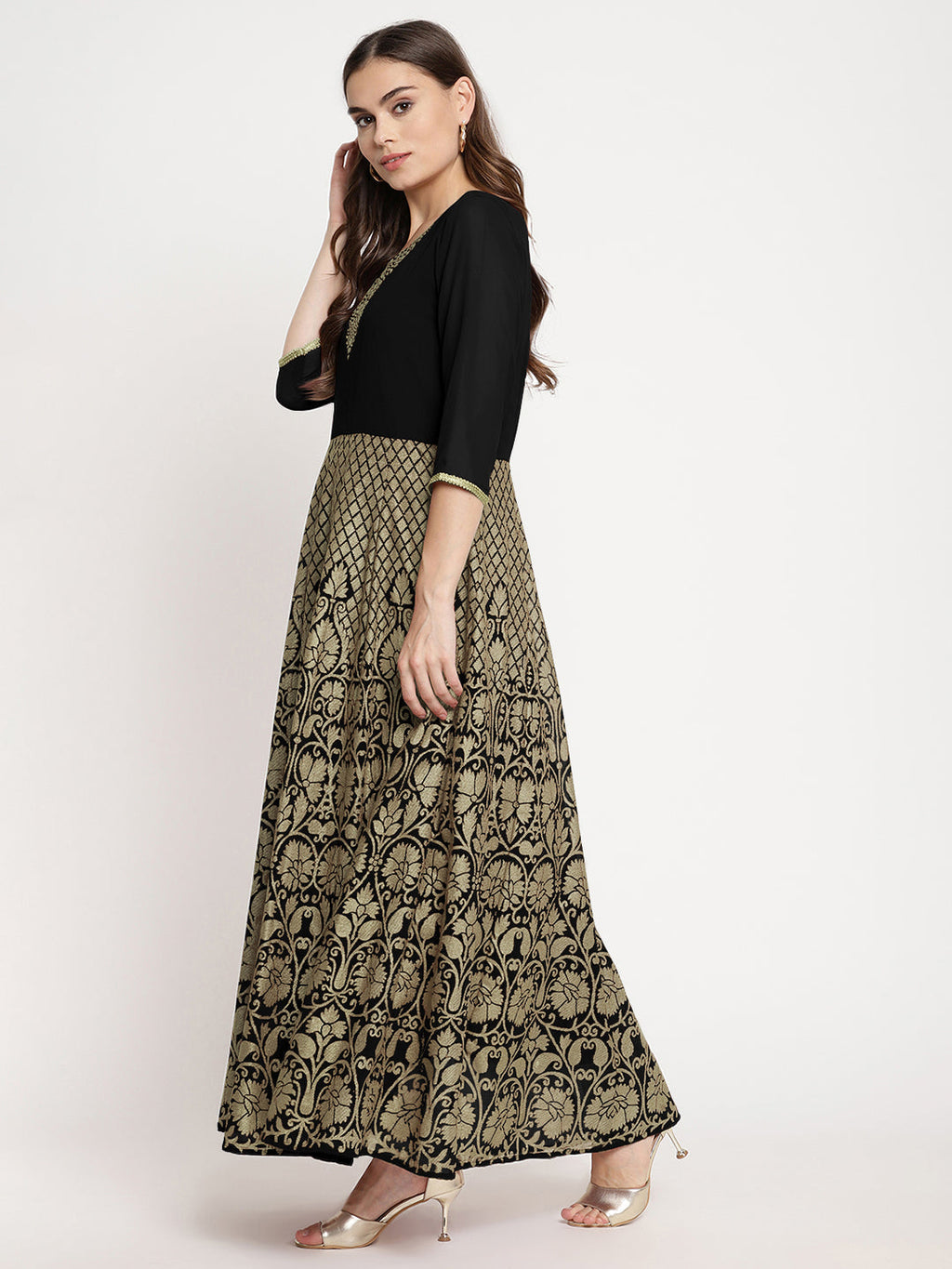 Ahalyaa Women's Black Georgette Gold Foil Print Flared Kurta with Dupatta