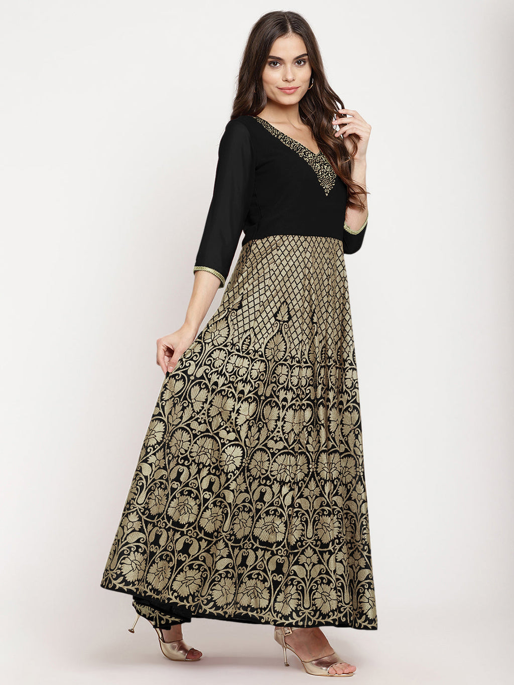 Ahalyaa Women's Black Georgette Gold Foil Print Flared Kurta with Dupatta
