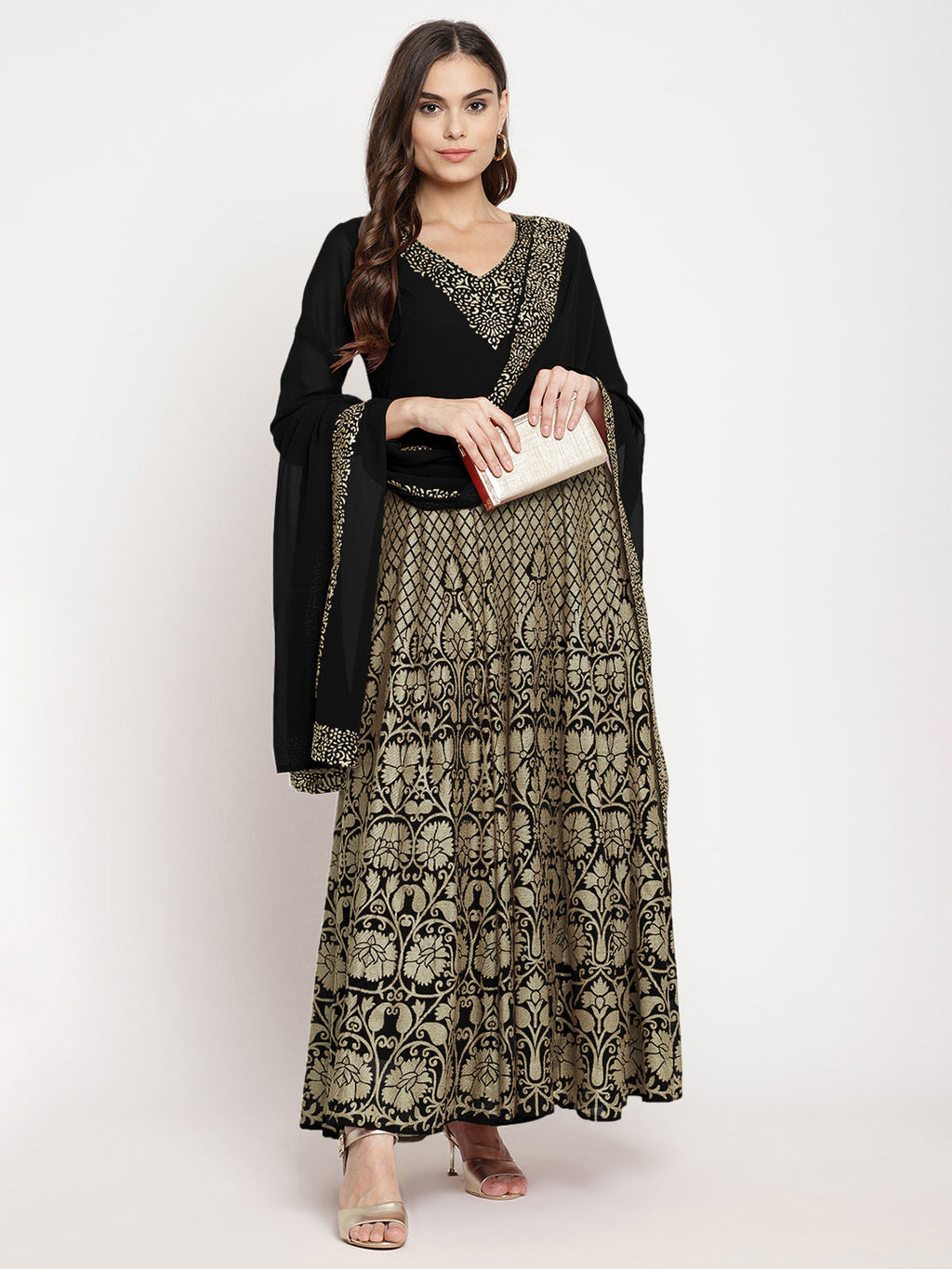 Ahalyaa Women's Black Georgette Gold Foil Print Flared Kurta with Dupatta