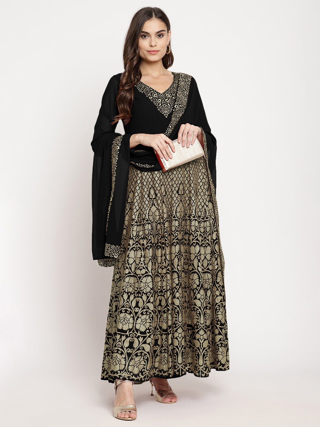 Ahalyaa Women's Black Georgette Gold Foil Print Flared Kurta with Dupatta