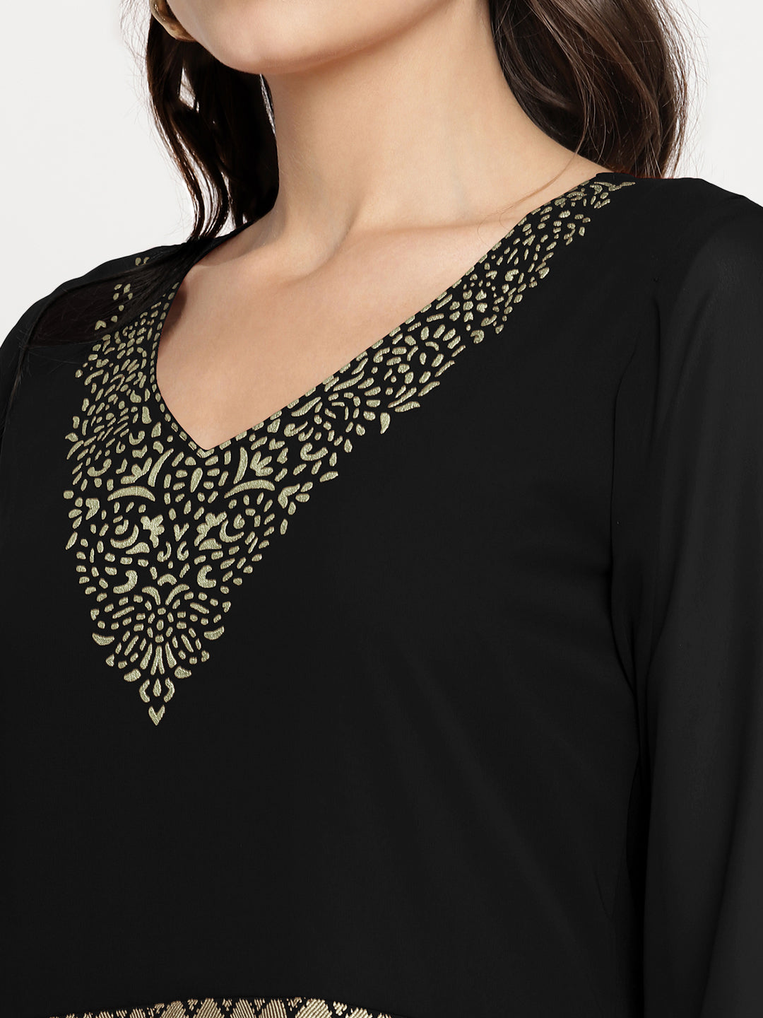 Ahalyaa Women's Black Georgette Gold Foil Print Flared Kurta with Dupatta