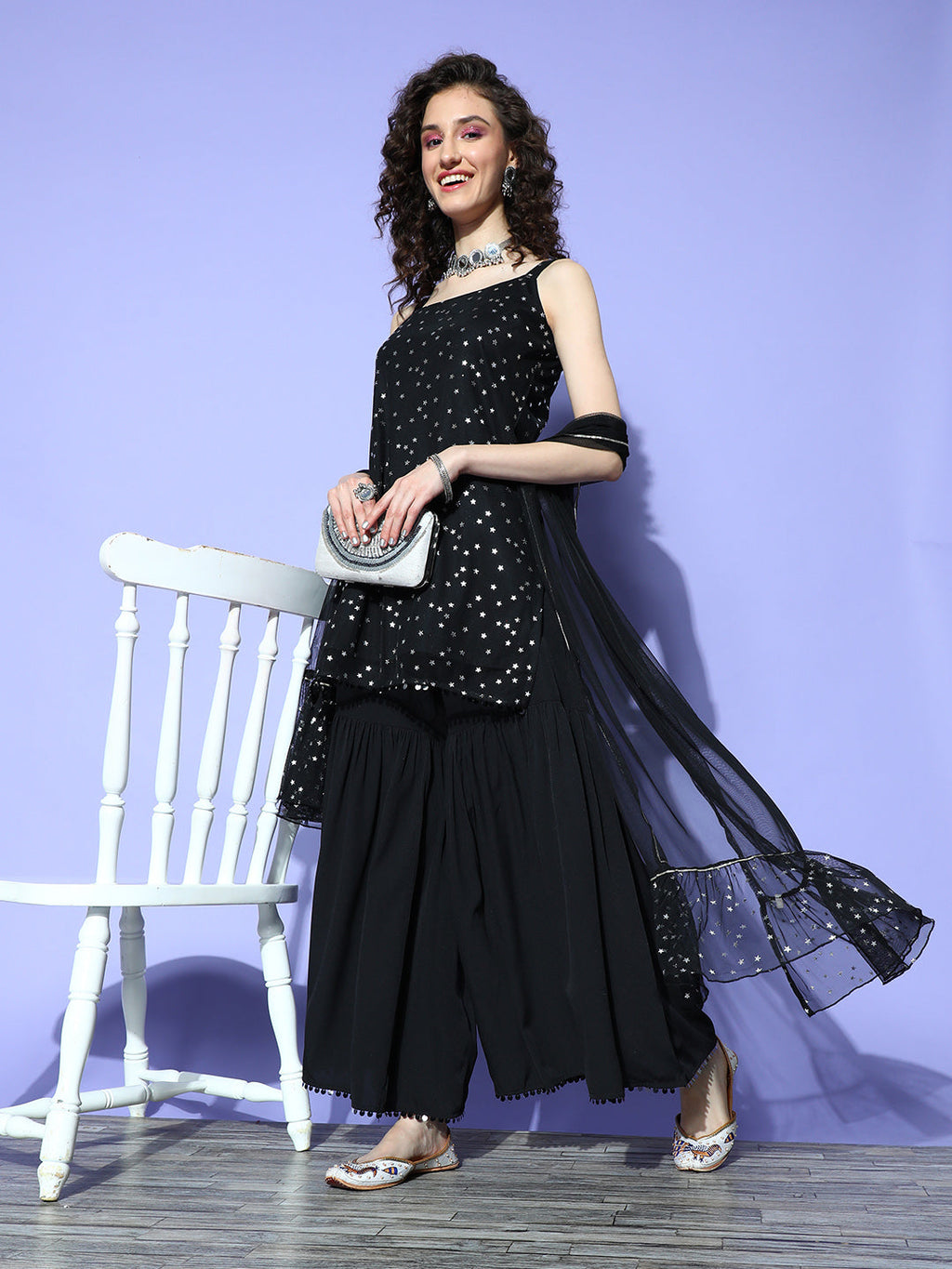 Ahalyaa Geometric Crepe Top to Toe Fusion Kurta Set