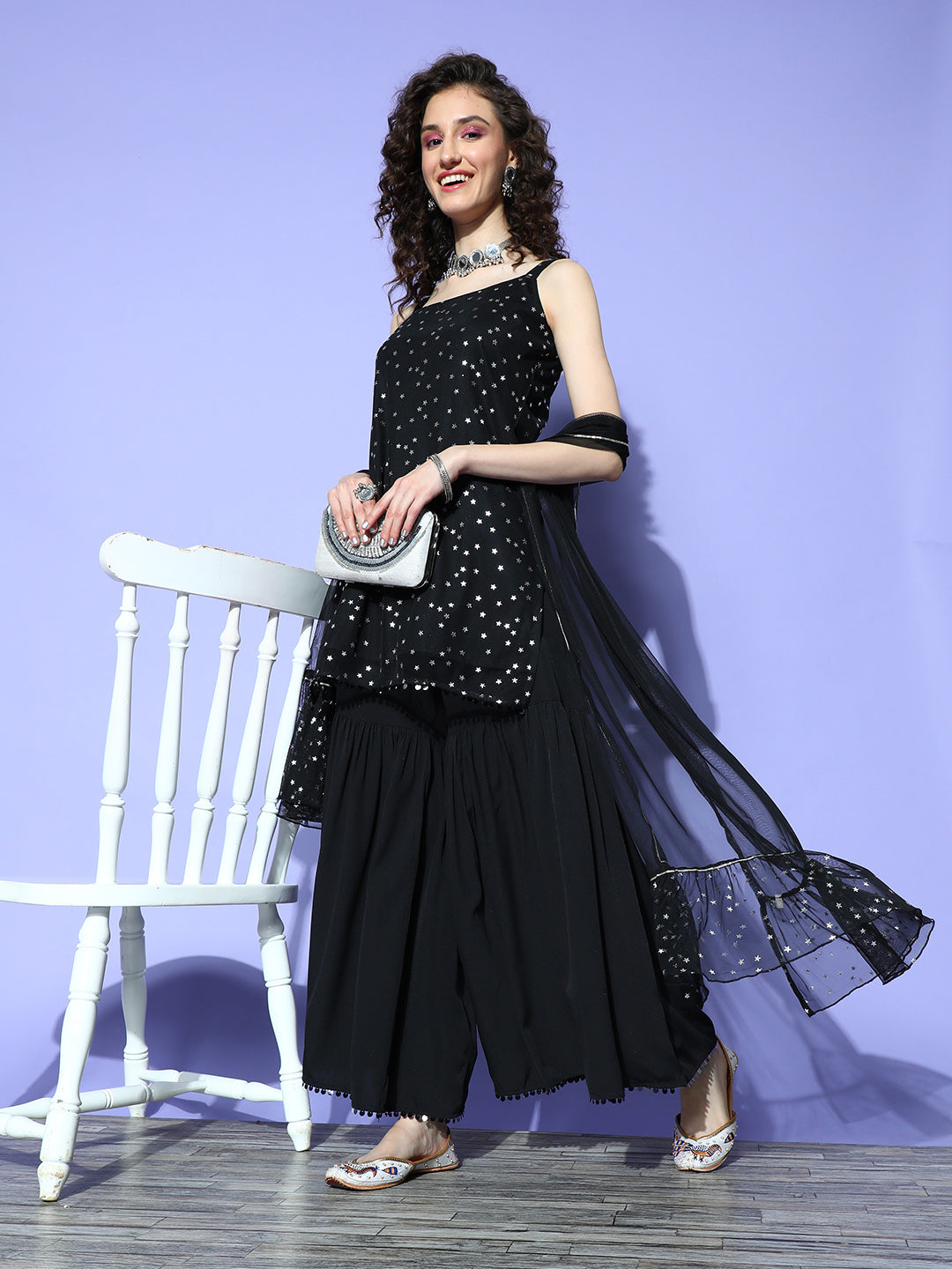Ahalyaa Geometric Crepe Top to Toe Fusion Kurta Set