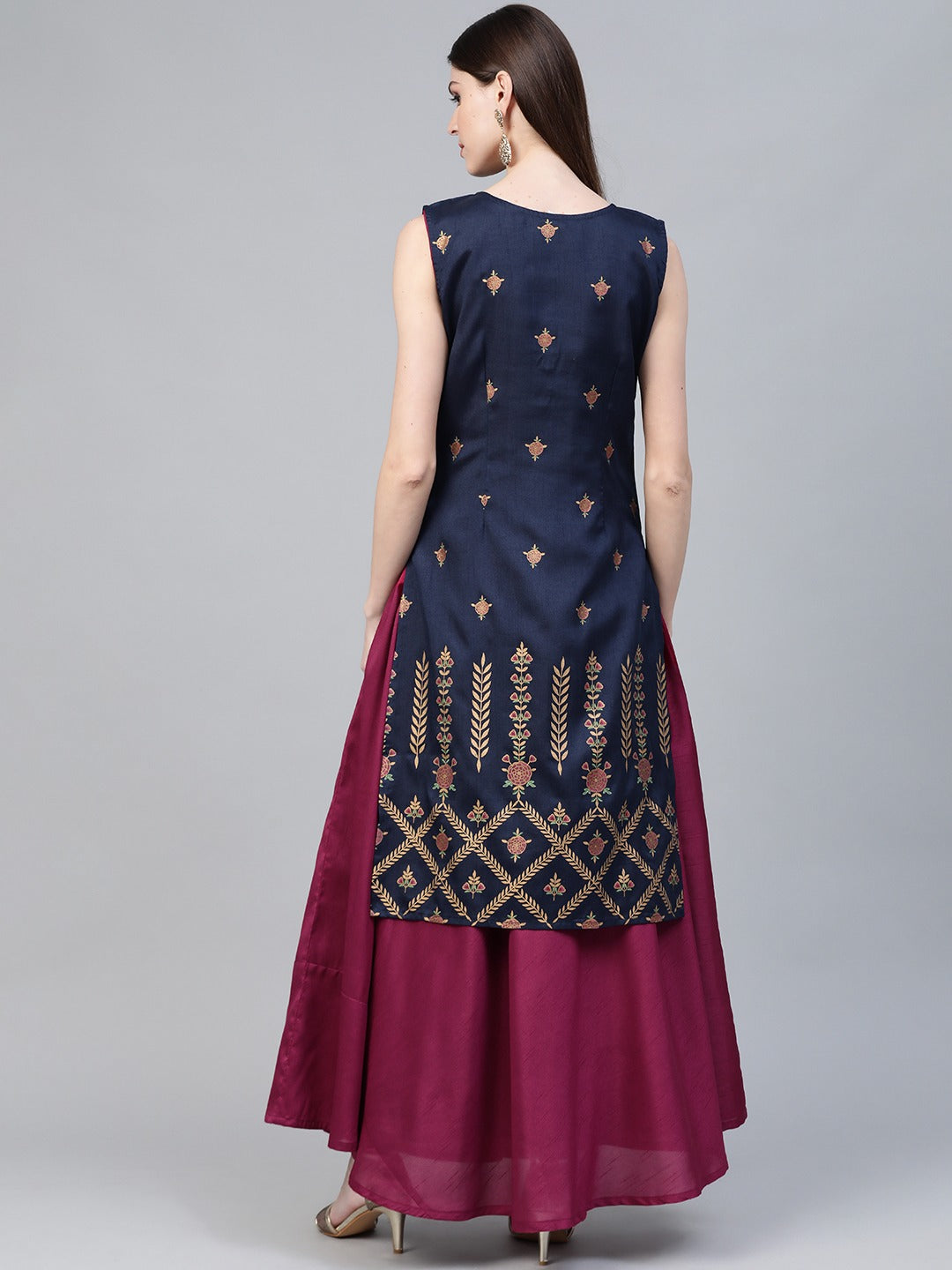 Ahalyaa Women Navy Blue & Magenta Ethnic Sreen Printed Layered Maxi Dress