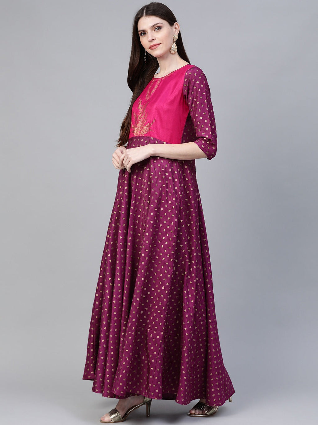 Ahalyaa Women Purple & Golden Screen Printed Maxi Dress