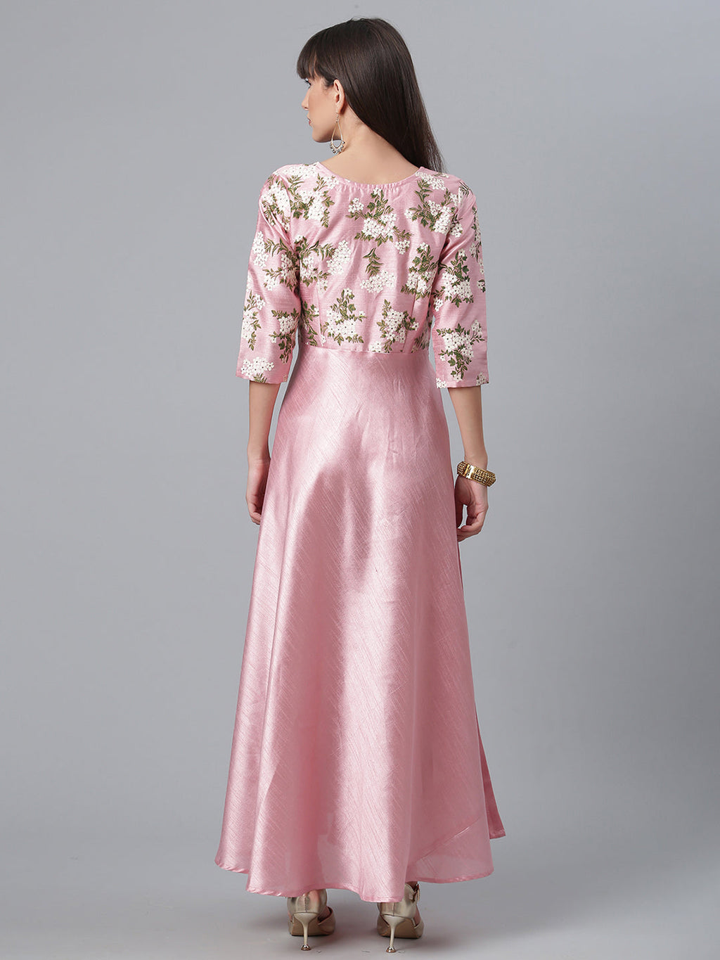 Ahalyaa Art Silk Pink Solid Kurta with Attached Floral Print Jacket