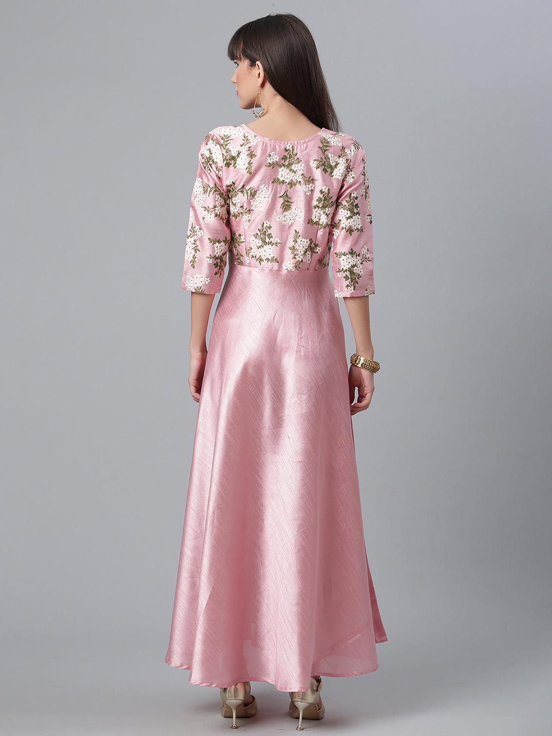 Ahalyaa Art Silk Pink Solid Kurta with Attached Floral Print Jacket