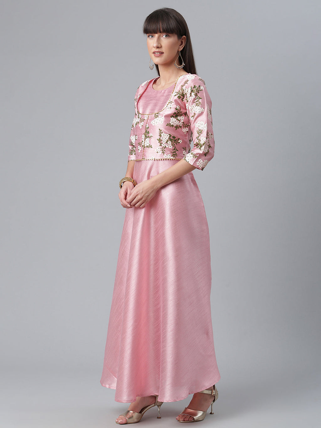Ahalyaa Art Silk Pink Solid Kurta with Attached Floral Print Jacket