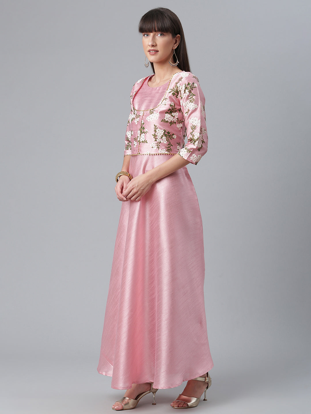 Ahalyaa Art Silk Pink Solid Kurta with Attached Floral Print Jacket