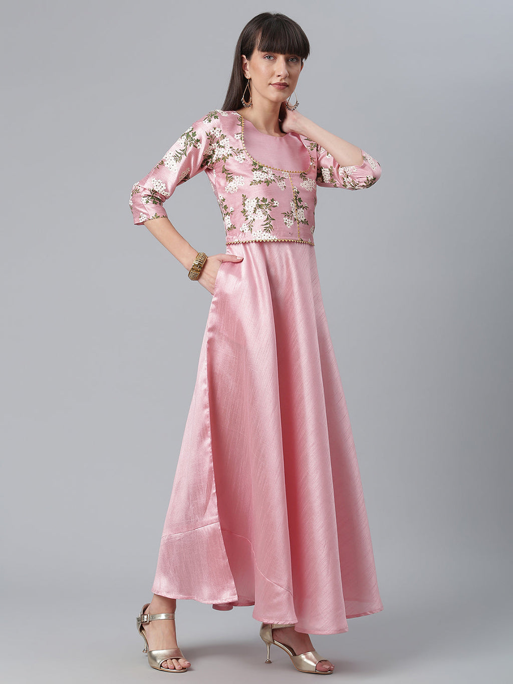 Ahalyaa Art Silk Pink Solid Kurta with Attached Floral Print Jacket
