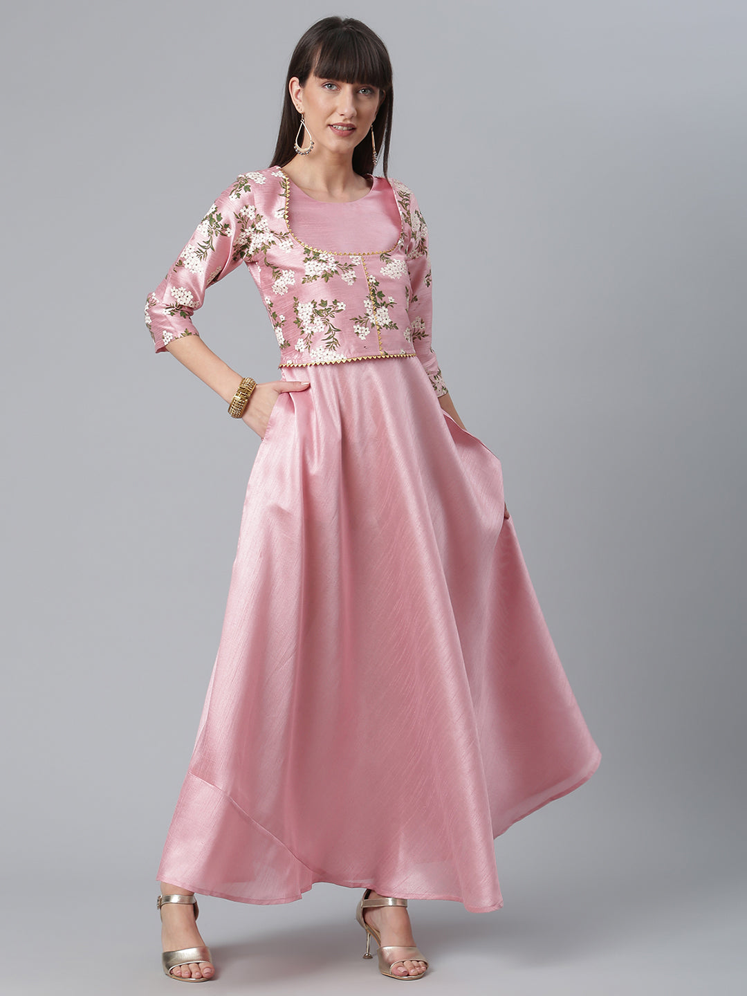 Ahalyaa Art Silk Pink Solid Kurta with Attached Floral Print Jacket