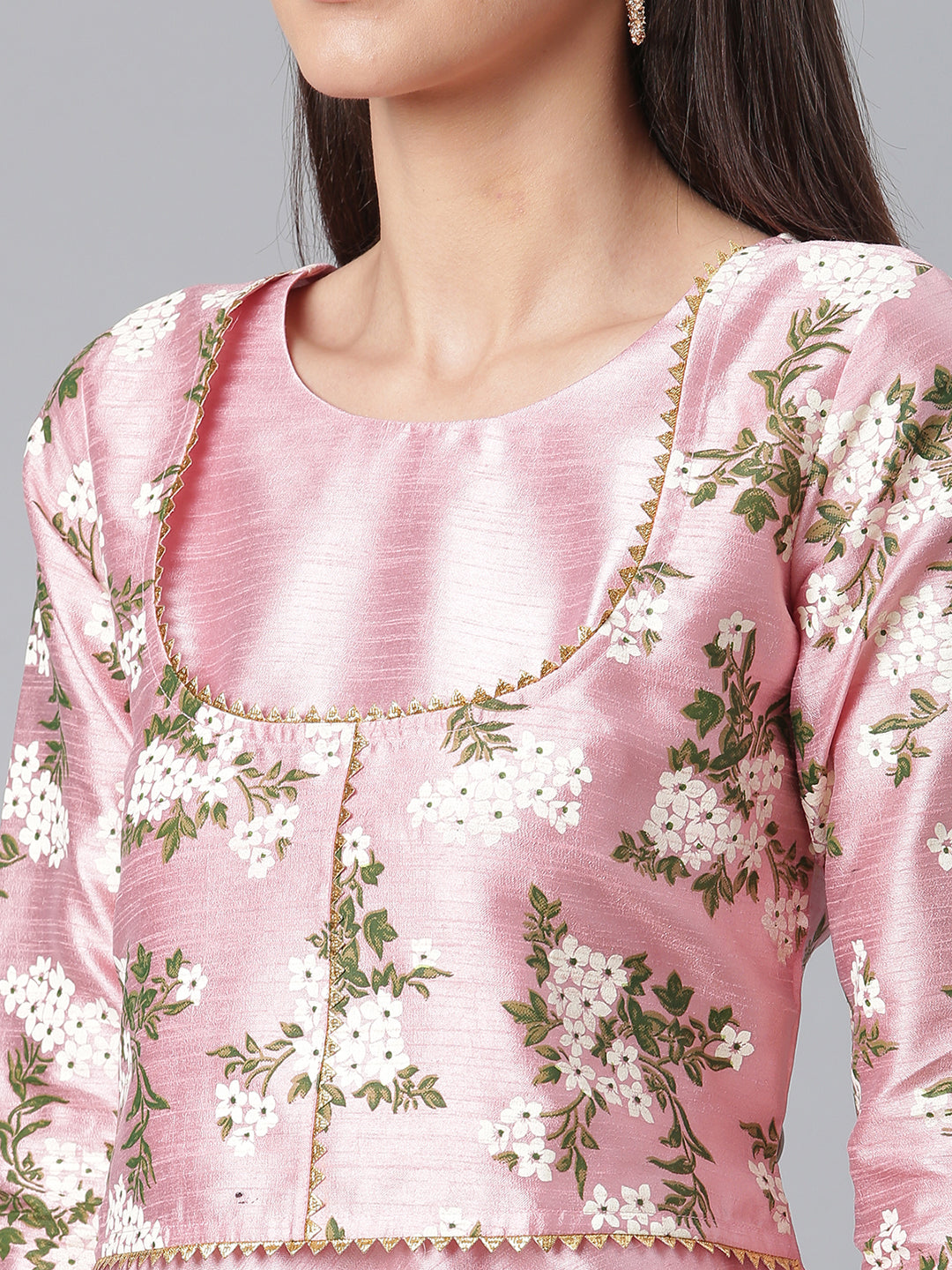 Ahalyaa Art Silk Pink Solid Kurta with Attached Floral Print Jacket