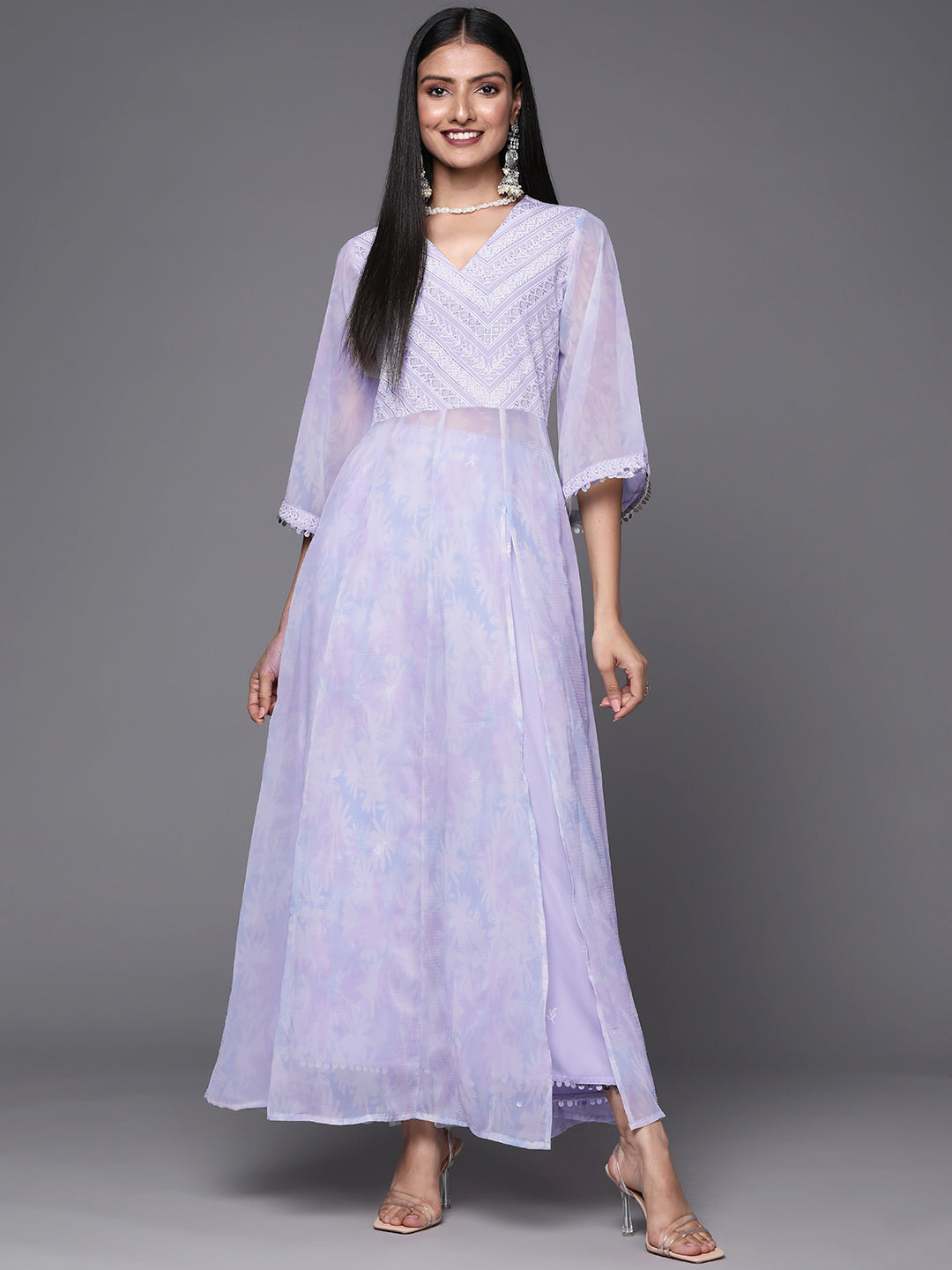 Ahalyaa Lavender & White Floral Printed High Slit Sequined Kurta with Palazzos