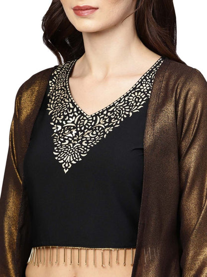 Ahalyaa Black Golden Straight Crepe & Georgette Kurta Set