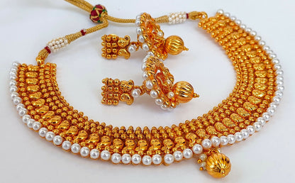 Metallic Mango Necklace Set With White Beads