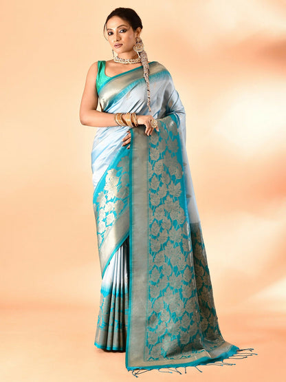Joban Fashion Sky Blue & Rama Plain With Weaving Border Banarasi Silk Sarees