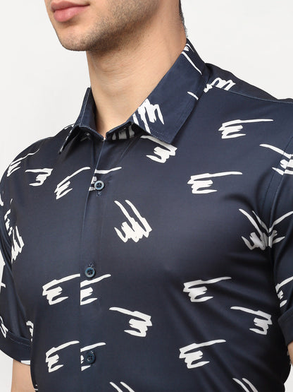Jainish Navy Blue Men's Printed Lycra Half Sleevess Formal Shirts ( SF 778Navy )