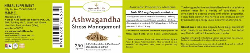 Ayurvedic Life Ashwagandha Capsule – Stress Management – 250 capsule