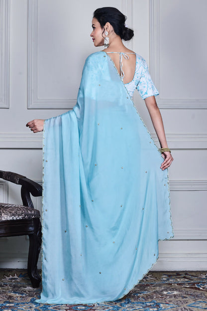 Morchari Blue Chiffon Hand Embroidery Saree And Stitched Blouse
