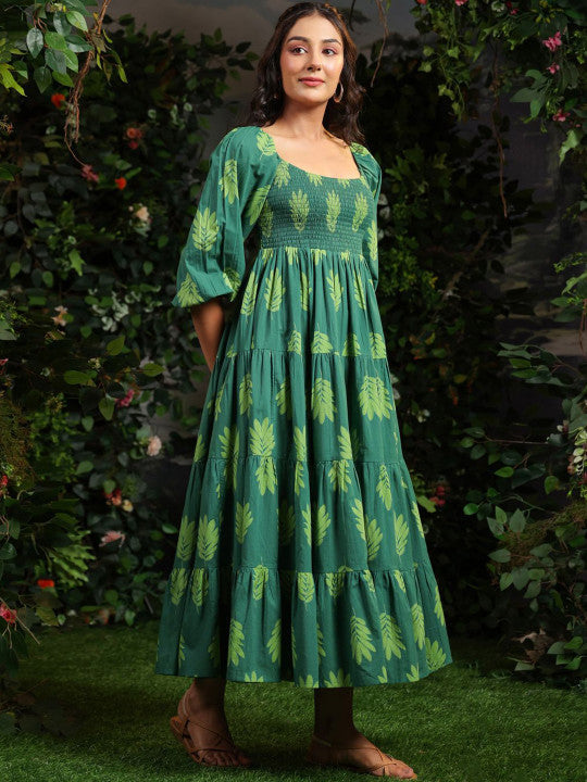 Anayna Printed Puff Sleeves Cotton Maxi Ethnic Dress