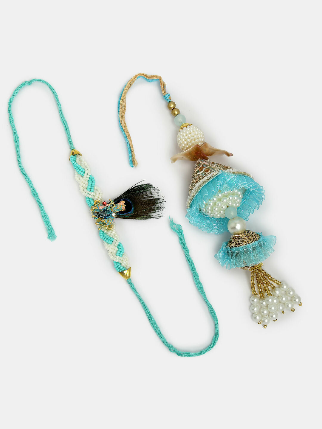 NVR Women & Men Set of 2 Blue Krishna Pearl Bhaiya Bhabhi Rakhi With Roli Chawal & Chocolate