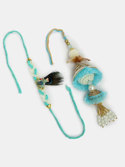 NVR Women & Men Set of 2 Blue Krishna Pearl Bhaiya Bhabhi Rakhi With Roli Chawal & Chocolate