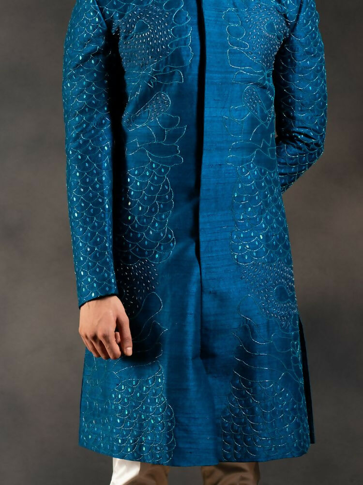 Ink Blue Hand Embroidered Indowestern Sherwani by Hilo Design