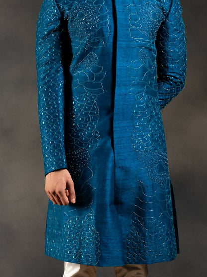 Ink Blue Hand Embroidered Indowestern Sherwani by Hilo Design