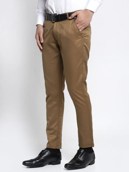 Jainish Men's Brown Tapered Fit Formal Trousers