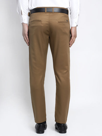 Jainish Men's Brown Tapered Fit Formal Trousers