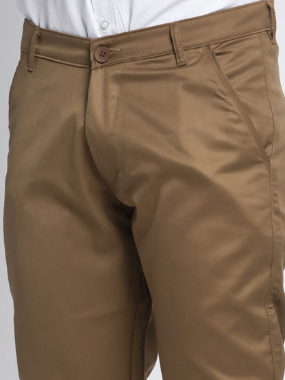 Jainish Men's Brown Tapered Fit Formal Trousers
