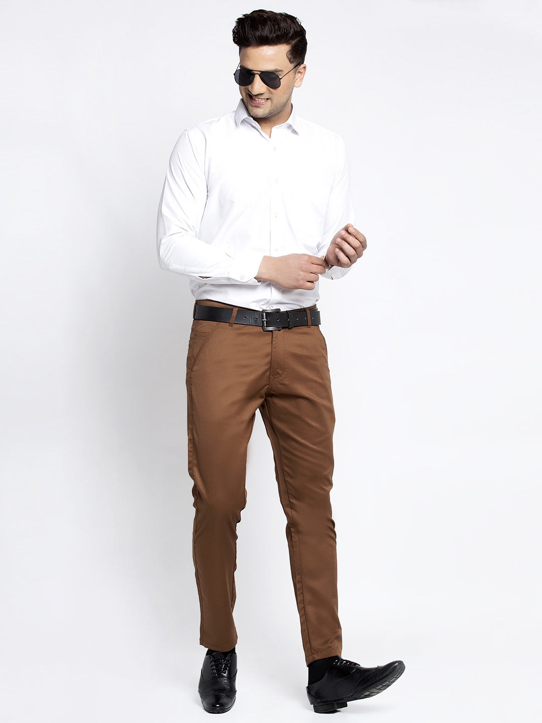 Jainish Men's Brown Tapered Fit Formal Trousers