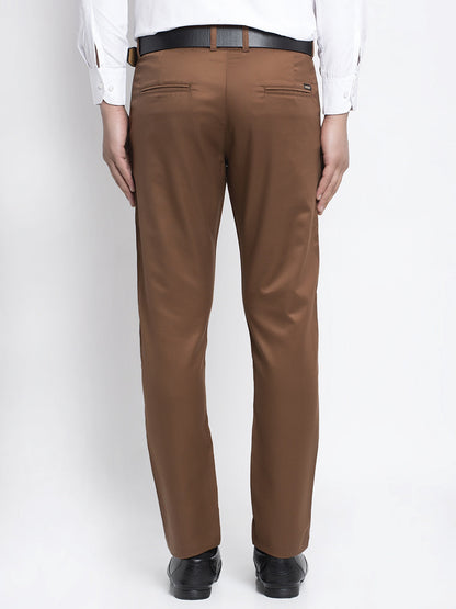 Jainish Men's Brown Tapered Fit Formal Trousers