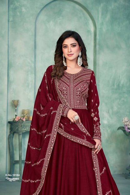 Anaita Maroon Embroidered Art Silk Anarkali Suit
