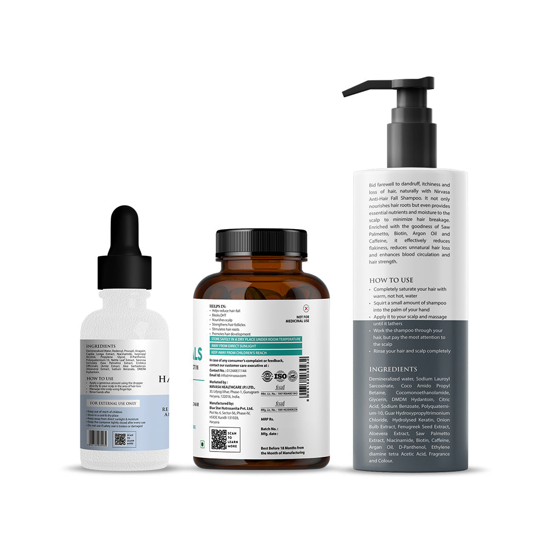 Nirvasa Anti Hairfall Shampoo & Hair Vitals Tablets & Hair Vitals Serum Combo