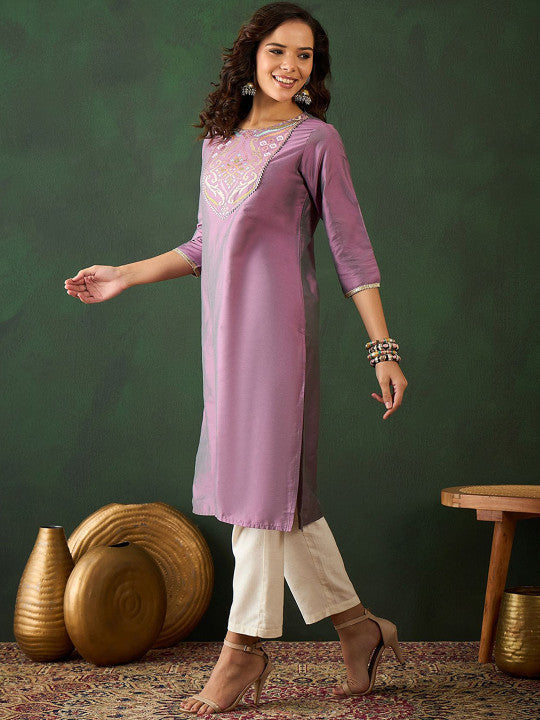 Sangria Ethnic Motif Embroidered Straight Kurta