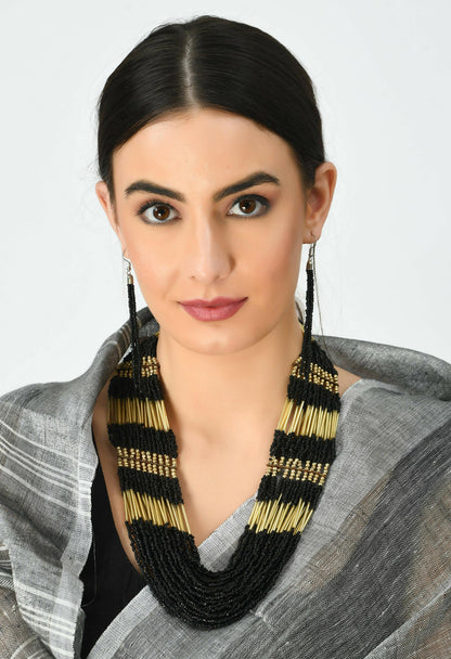 Mominos Fashion Johar Kamal Handicraft Finish Beads Work Long Necklace For Women (Black /Golden)