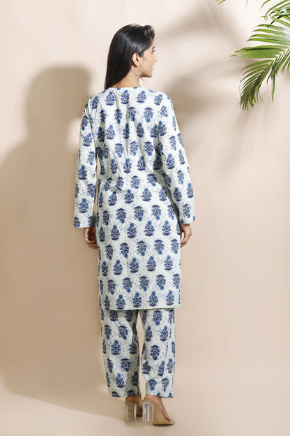 Breathables Women’S Cream Cotton Indian Motif Butta Loungewear Co-Ord Set – Long Kurta & Pants