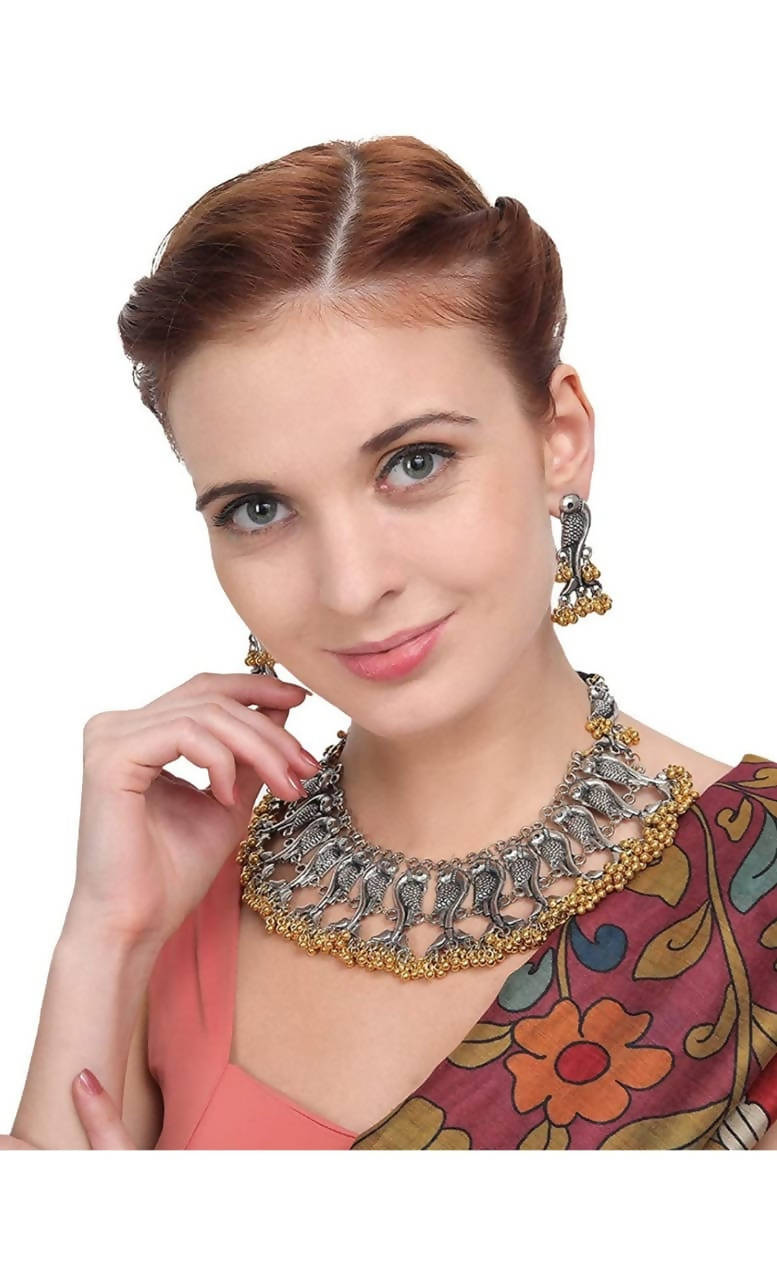 Mominos Fashion Parrot Design Choker Necklace Set With Golden Ghungoo