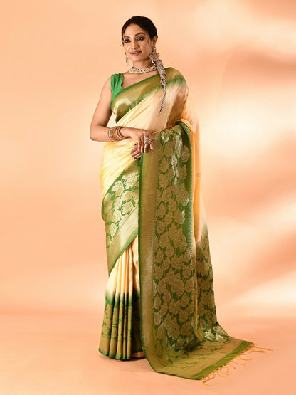 Joban Fashion Light Yellow & Parrot Green Plain With Weaving Border Banarasi Silk Sarees