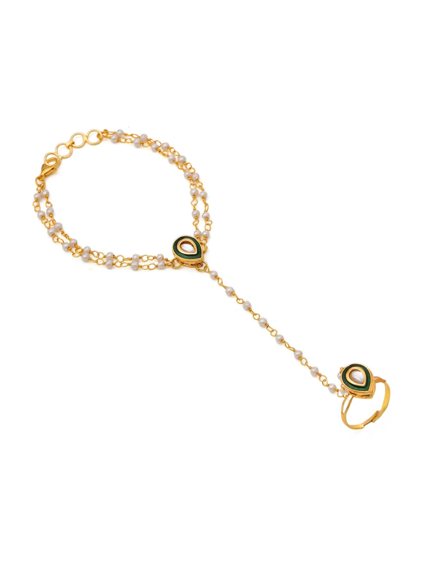 Ruby Raang Gold Green Meenakari Kundan Haath Phool