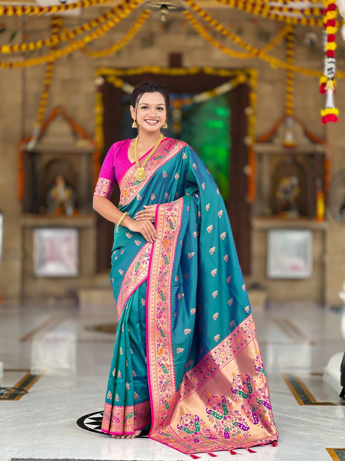 Mameraa Sarees Teal Blue Faux Banarasi Silk Saree With Paithani Rich Weaved Pallu And Blouse-Teal