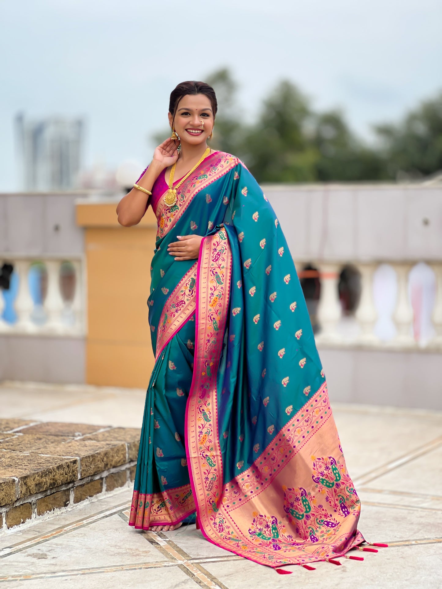 Mameraa Sarees Teal Blue Faux Banarasi Silk Saree With Paithani Rich Weaved Pallu And Blouse-Teal