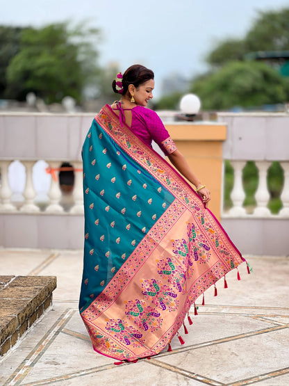 Mameraa Sarees Teal Blue Faux Banarasi Silk Saree With Paithani Rich Weaved Pallu And Blouse-Teal