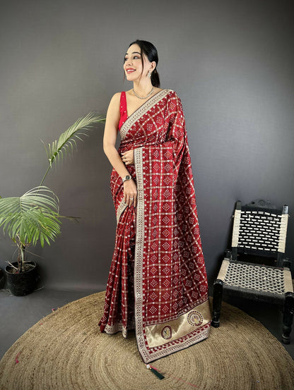 Joban Fashion Maroon Bandhej Bandhani Vichitra Silk Bandhani Prints Saree