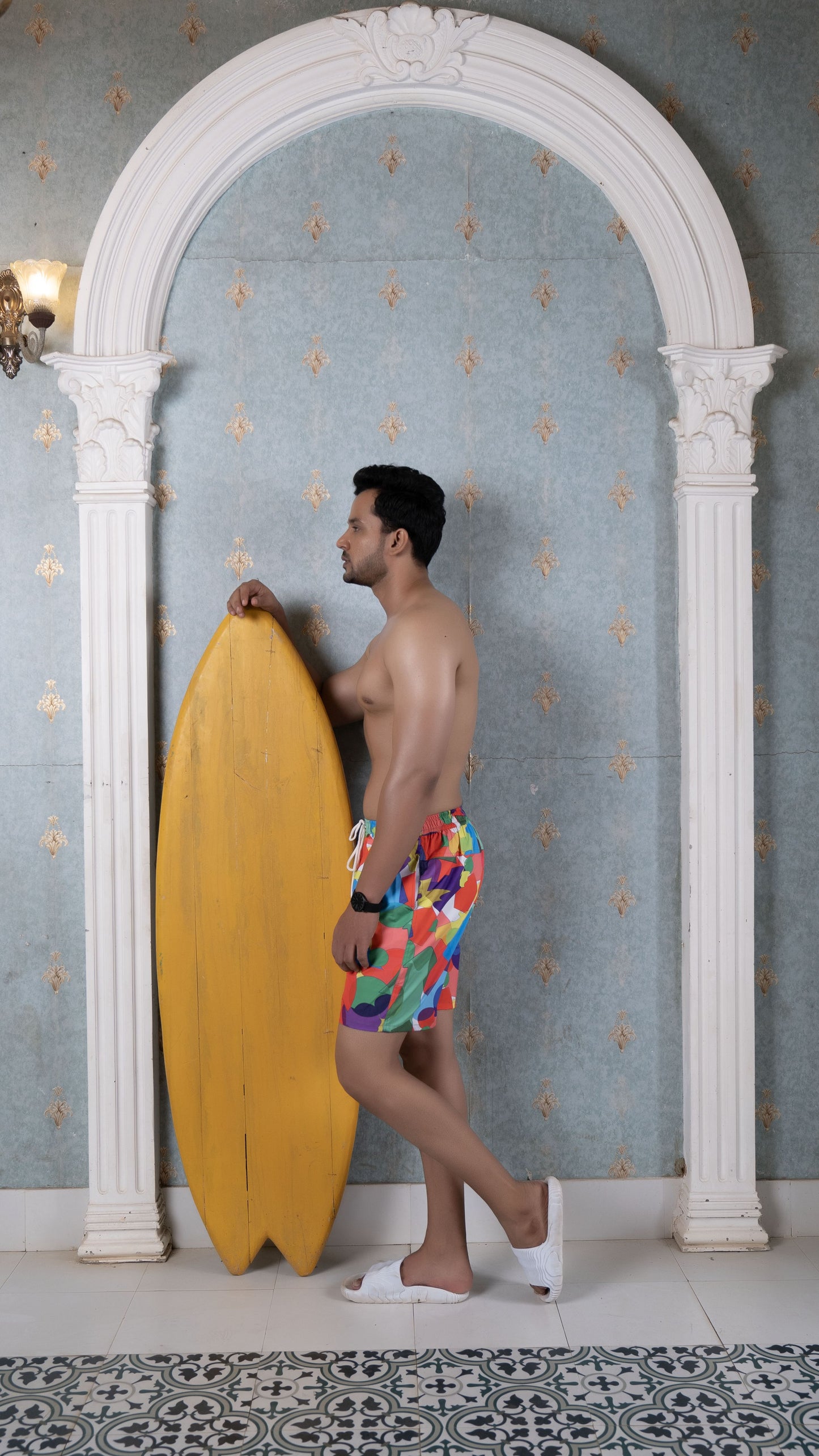Noroke Sustainable fabric | Poly elastane Red Geometric Patterned Men Board Shorts